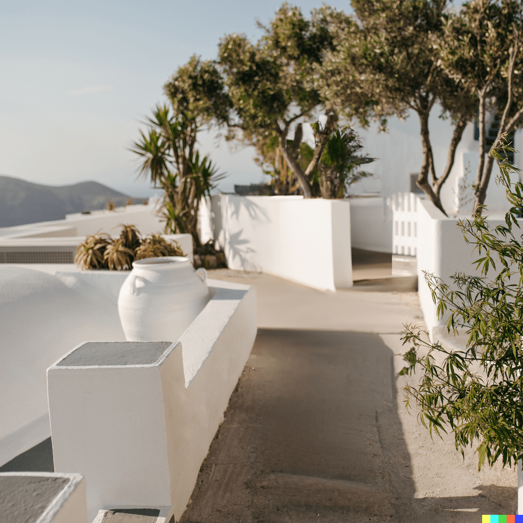 Whitewashed patio with sea view exterior design in Ibiza